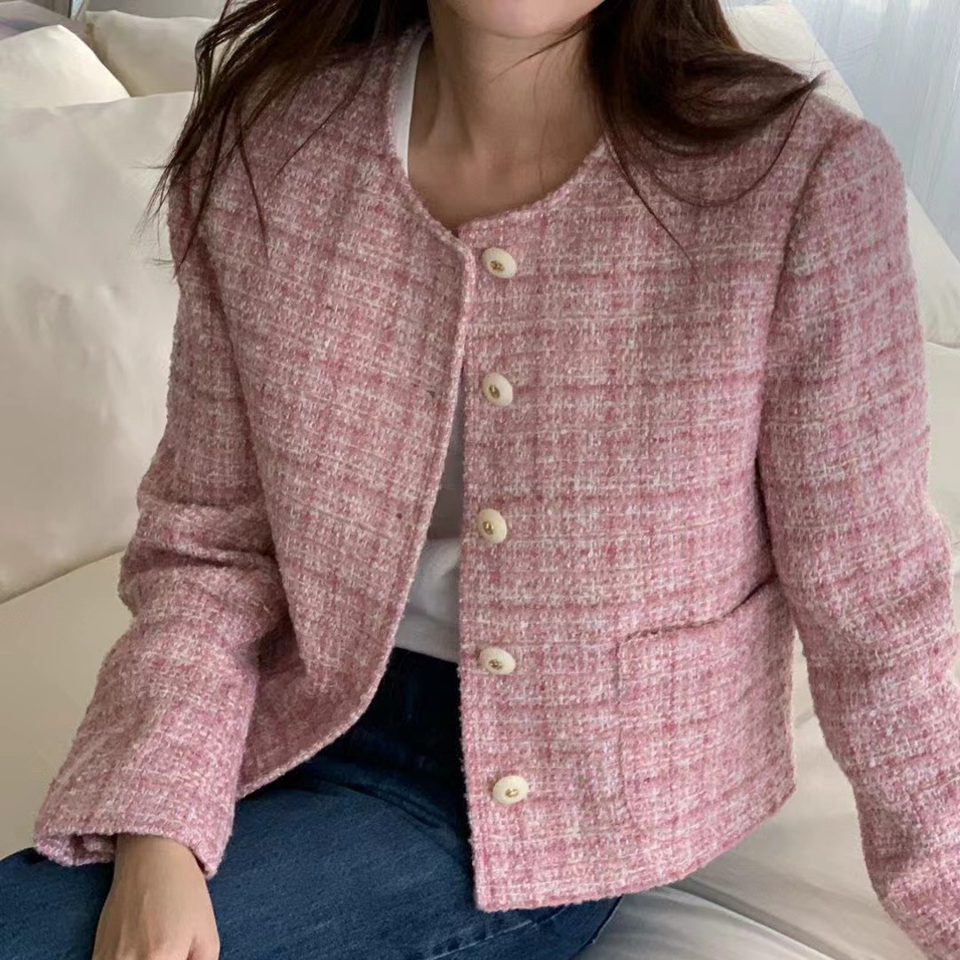 in stock 2025 Spring New Korean Round Neck Chanel Style Tweed Single Breasted Short Chanel Jacket