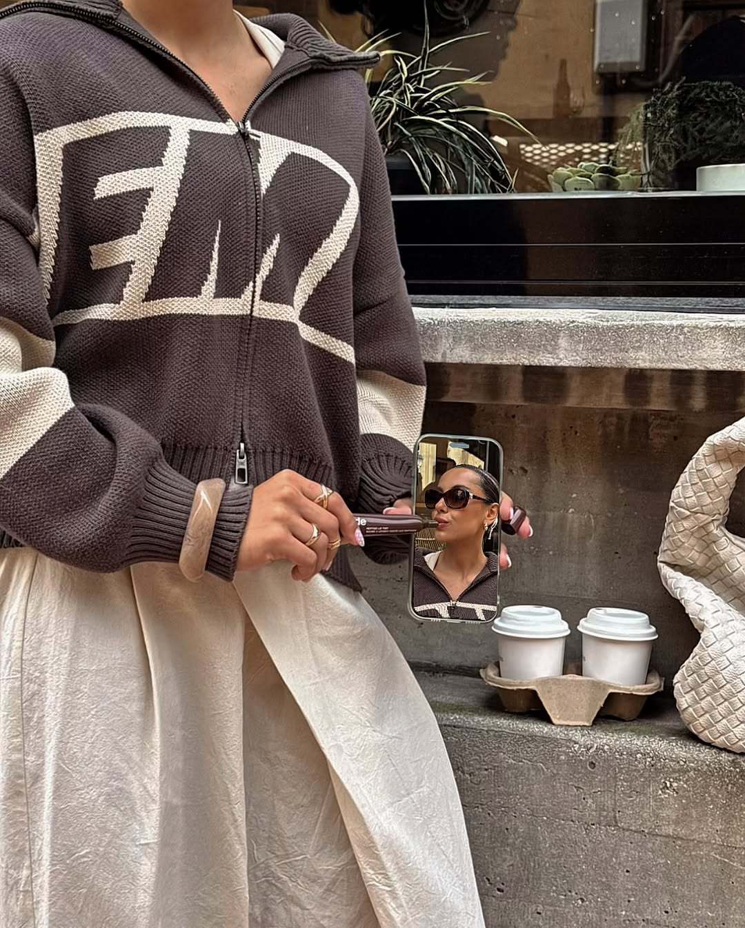 Other Zip Sweater Retro Graphic Knit Brown