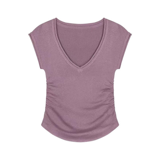 Purple Pure Desire V-neck Knitted Ice Silk Fly Sleeves Shoulder T-shirt for Petite Slim-fit Irregular Short Top for Women in Summer