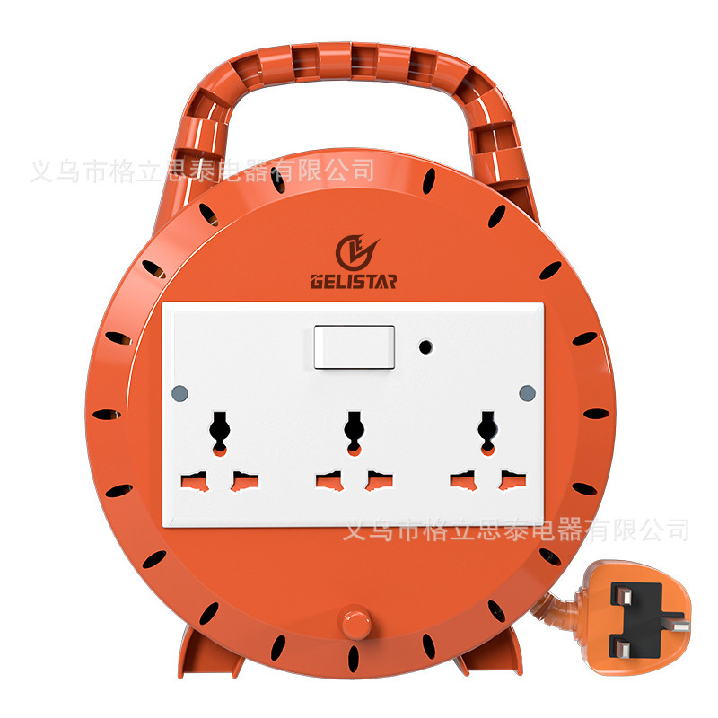 跨境专供插排排插伸缩工业圆形卷轴插线板万能通用孔外贸电源插座