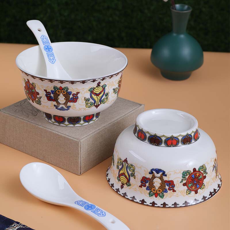 Ethnic Style Mongolian Element Printing Mongolian Ceramic Milk Tea Tea Tea Bowl Cup Mongolian Meal Hotel Supplies Tableware Ethnic Porcelain Bowl