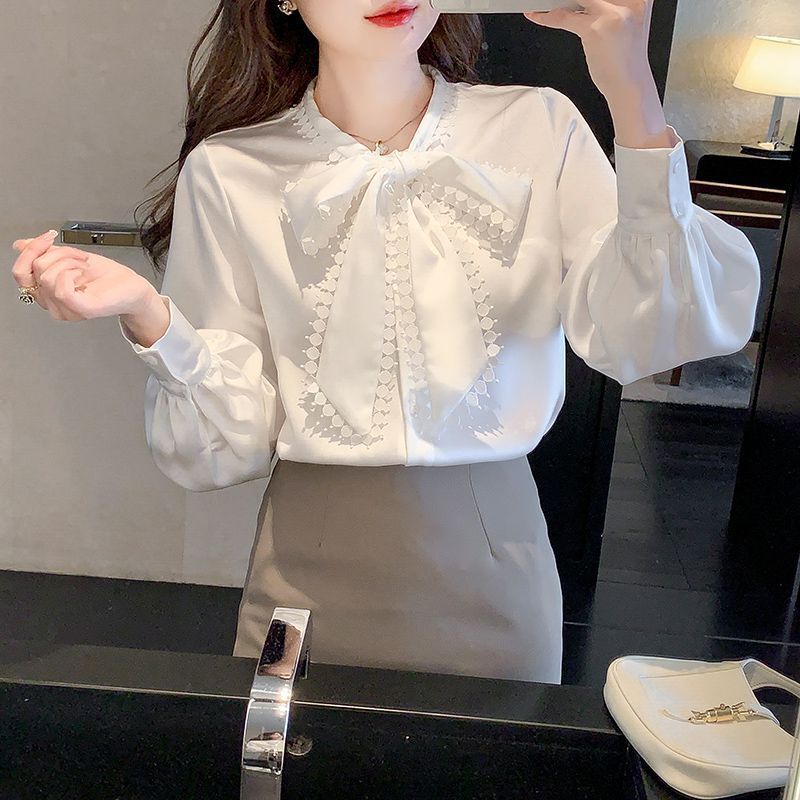 2024 Spring and Autumn Fashion Long Sleeve Bow Chiffon Shirt Women's Lace Base Shirt Top Elegant and Versatile