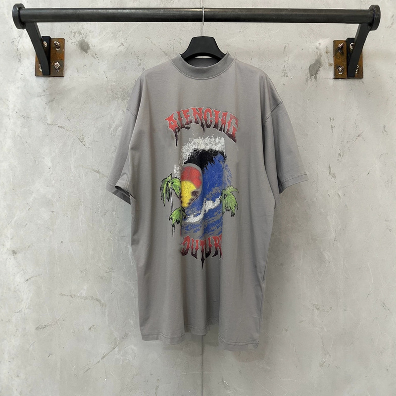 High-End Paris Bl Brand 26Ss Wave Coconut Tree Crackle Print Short-Sleeve T-Shirt Os Loose Fit Unisex Style