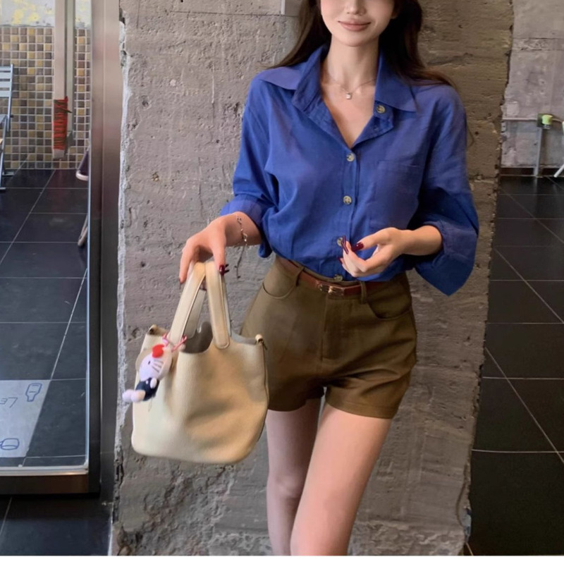 赫本风法式小众黑色衬衫女夏正肩独特气质长袖衬衣早秋设计感上衣|undefined