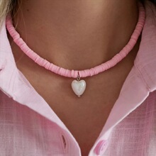 欧美外贸饰品 波西米亚6mm粉色软陶项链女 创意白色陶瓷爱心项饰