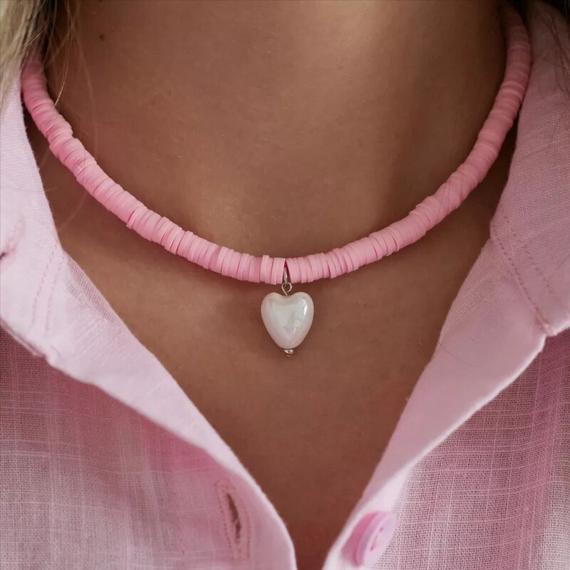 European and American Export Jewelry Bohemian 6mm Pink Soft Pottery Necklace for Women Creative White Ceramic Heart Necklace European and American Export Jewelry Bohemian 6mm Pink Soft Pottery Necklace for Women Creative White Ceramic Heart Necklace