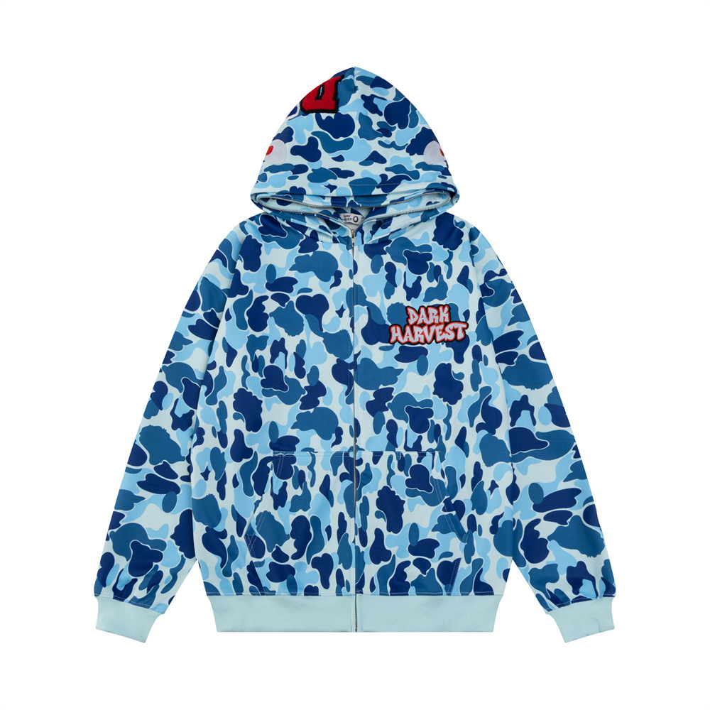 Herren Shark Hooded Zip-Up Sweatshirt Streetwear Camouflage Doppelkapuzen-Design Buchstabenstickerei Freizeitjacke_voghion.com