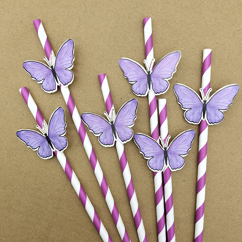 Papel tarjeta mariposa paja de papel desechable degradable paja de papel bar postre fiesta té leche paja decoración