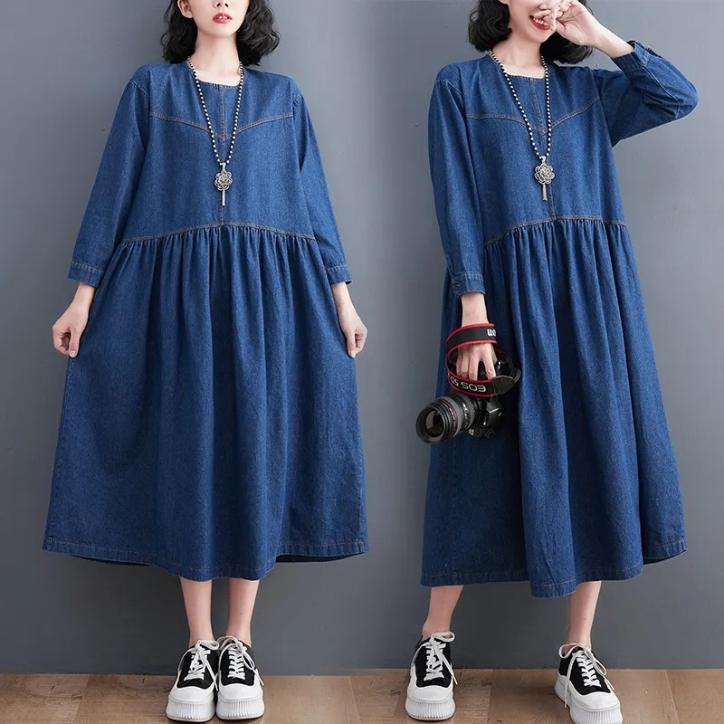 牛仔连衣裙女长袖春秋新款胖mm韩版宽松大码遮肉显瘦过膝休闲长裙