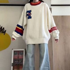 秋冬新款韩系撞色设计感圆领套头毛衣女宽松大码慵懒风上衣针织衫