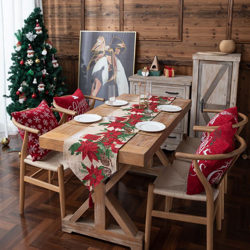 Drapeau de table de Noël, drapeau de table fleur de Noël en polyester-coton jacquard teint en fil, drapeau de chevet, housse de décoration de Noël, nappe_voghion.com