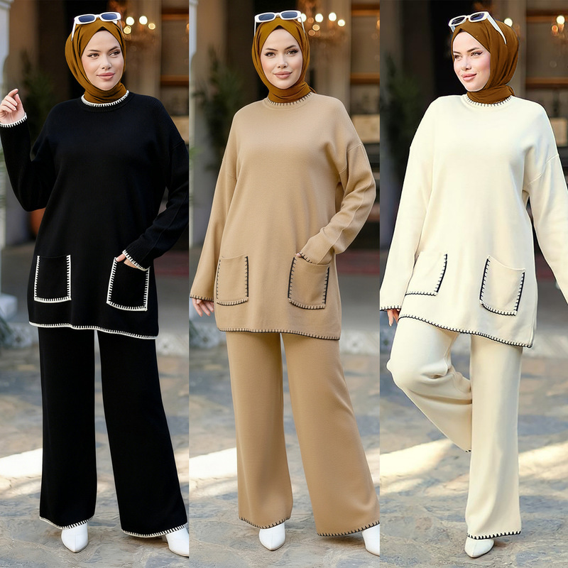 M355 # Cross-Border Turkish Women's Clothing Autumn and Winter New Sweater Set Fashionable Color-Blocking Wide-Leg Pants Knitted Two-Piece Set M355 # Cross-Border Turkish Women's Clothing Autumn and Winter New Sweater Set Fashionable Color-Blocking Wide-Leg Pants Knitted Two-Piece Set