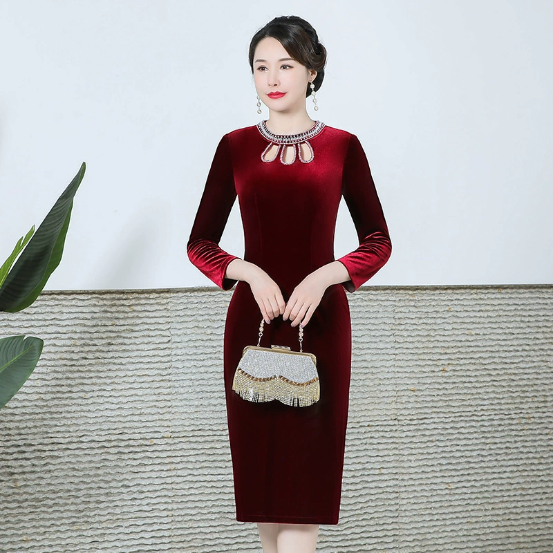 Шэньчжэнь бренд высокого класса Cheongsam улучшенный бархат новый осенний и зимний большой размер свадебное платье женский платье