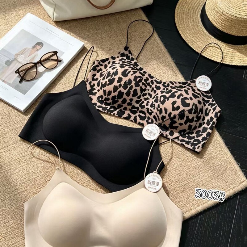 Summer New Leopard Print Invisible Foundation Liquid Sexy Backless Integrated Cup Anti-Exposure Thin Gathered Bra for Women