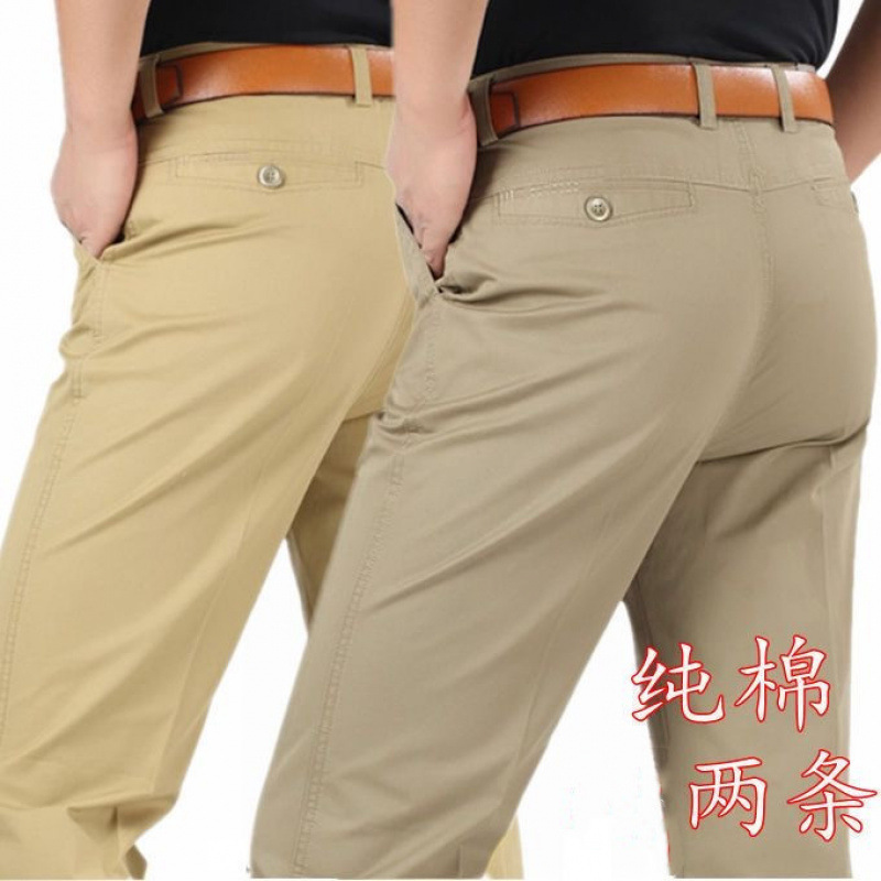 Pantalones casuales de algodón fino de verano para hombres, pantalones sueltos de pierna recta de mediana edad y ancianos, cintura alta de mediana edad, pantalones de papá nuevos de rango profundo
