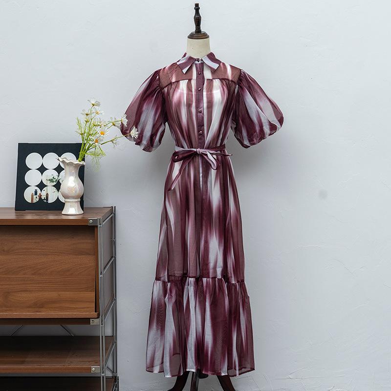 Extended Age-Reducing Versatile Puff Sleeve Mid-Length Shirt Dress 2025 Spring Women's Single-Breasted Printed Lace-Up Dress