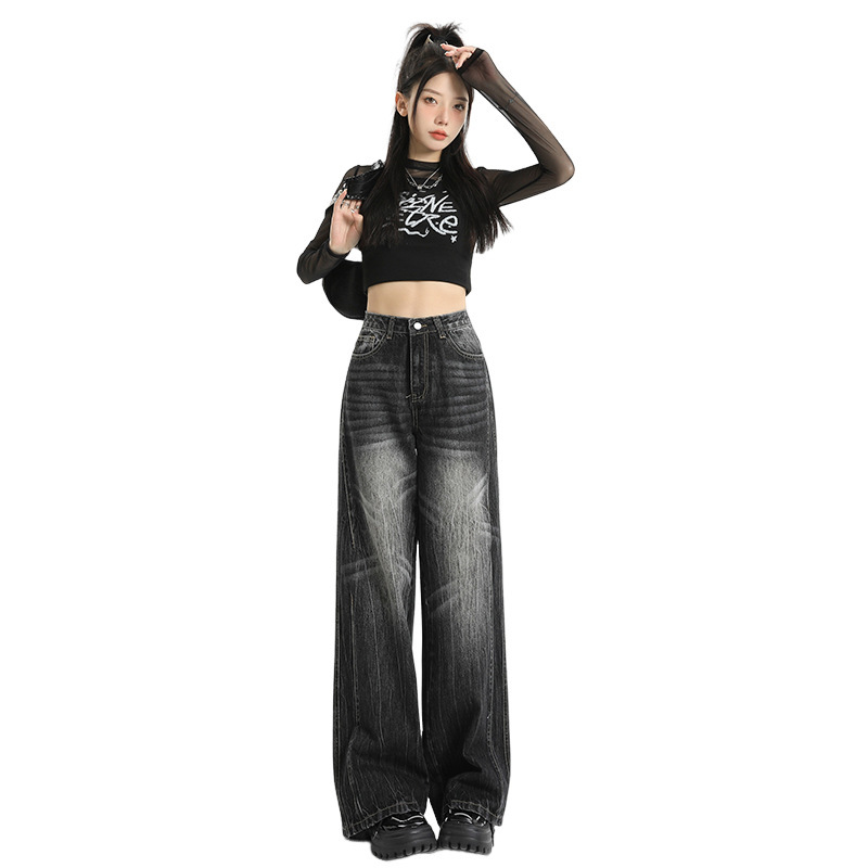 American Style Retro Straight Leg Jeans Women's Autumn Ins Niche High Street Black Grey Loose Wide Leg Trousers