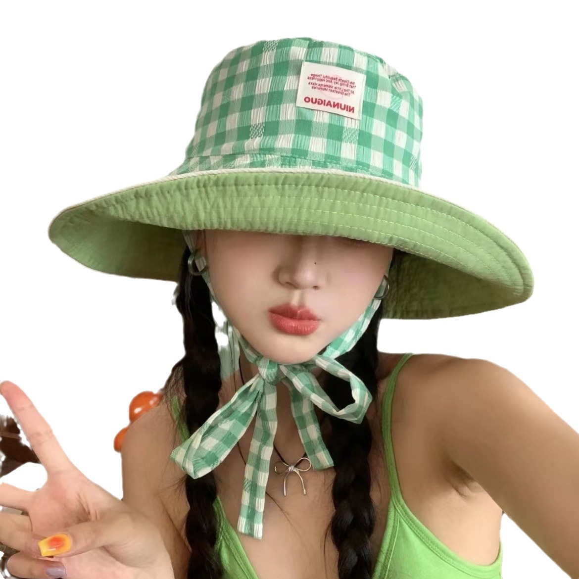 Nuevo estilo coreano ins cuadrícula correa sombrero de pescador mujer verano viaje al aire libre gorra de doble cara gran sombrero de protección solar