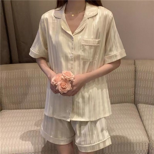Ice silk pajamas for women 2024 new summer short-sleeved summer emulated silk home clothes ins style set pajamas