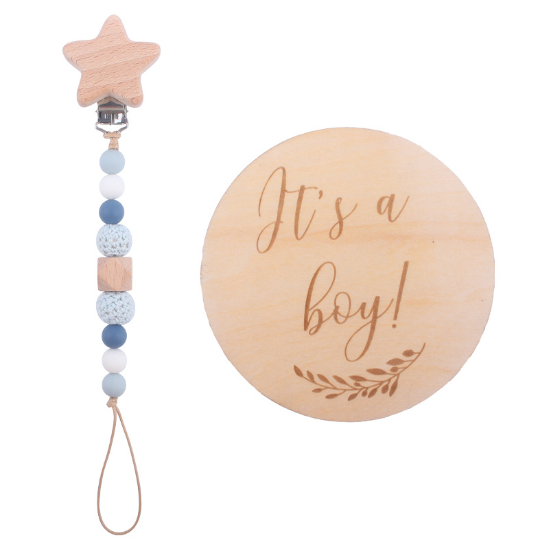 Nuevo bebé suministros madera hito tarjeta creativa bebé estrella de dibujos animados haya clip chupete cadena traje