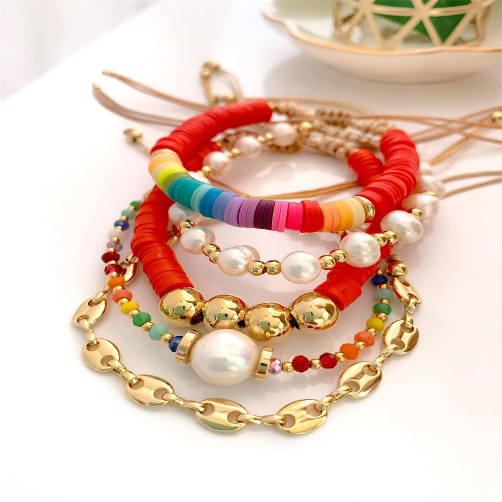 1 Piece Ethnic Style Colorful Pearl Soft Clay Copper Knitting Plating Gold Plated Women's Bracelets display picture 1