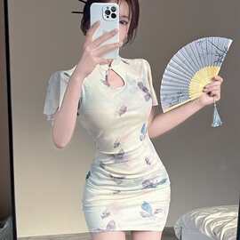 主播服装女新中式国风年轻款日常旗袍显瘦荷叶边气质短袖连衣裙夏
