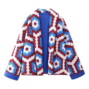 2023 European and American style autumn women's new stitching cotton-padded jacket geometric printed cotton-padded jacket 5862