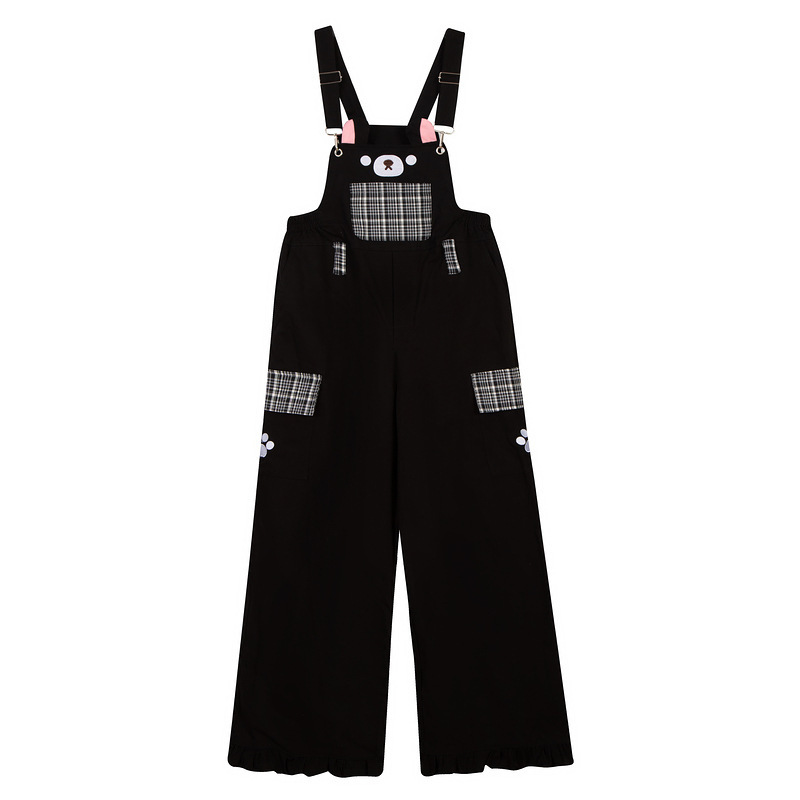 Girly Style Cartoon Patchwork Overalls, Plaid Multi-Pocket Adjustable Shoulder Strap Draped Ruffle Denim Long Pants for Women Girly Style Cartoon Patchwork Overalls, Plaid Multi-Pocket Adjustable Shoulder Strap Draped Ruffle Denim Long Pants for Women
