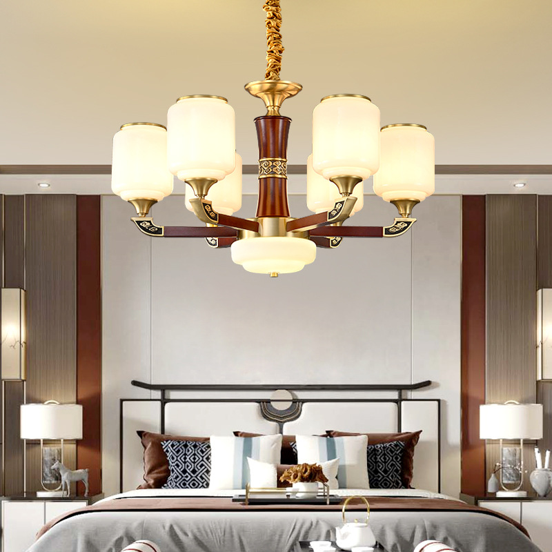 All-copper modern Chinese style chandelier living room lamp, imitation classical red wood bedroom restaurant lamp, grand Chinese style solid wood lighting