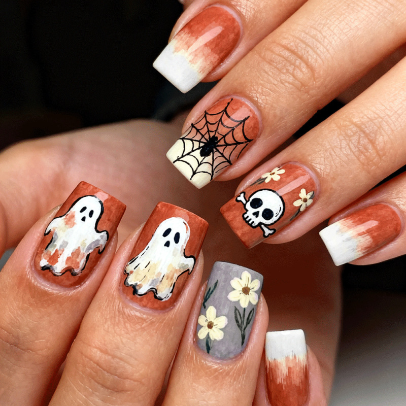 Halloween Manicure Retro Orange Gradient Ghost Skull Spider Web Flower Design Medium-Length Fake Nails Halloween Manicure Retro Orange Gradient Ghost Skull Spider Web Flower Design Medium-Length Fake Nails