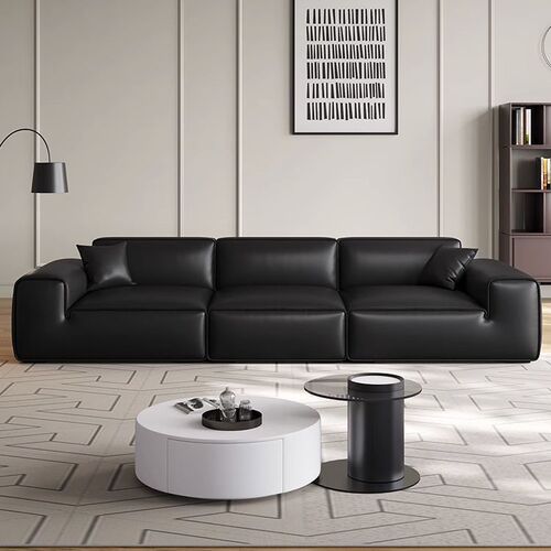 Chatu Large Black Ox Leather Sofa, Italian Minimalist Living Room, Small Household Modern Light Luxury, Straight Black Three-Seater Sofa