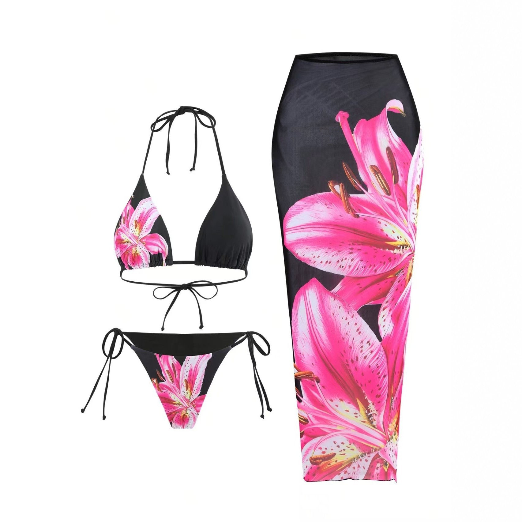 Women's Clothing Style Printed Two Piece Bikini Slim Wrap Skirt Lily Print Swimsuit Three Piece Set For Women Beach & Pool Ready_voghion.com