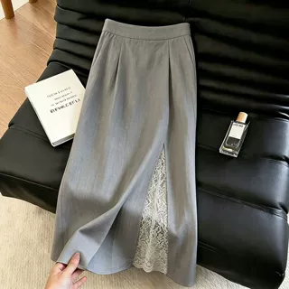 灰色蕾丝拼接西装裙女薄款2026夏季新款遮胯显瘦时尚a字裙半身裙