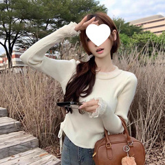 网纱拼接边针织衫毛衣女秋冬加厚打底衫抽褶修身短款内搭上衣女装