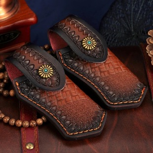 Cross-Border Export of High-End New First-Layer Leather Knife Sheath with Carved Pattern Outdoor Folding Knife Leather Sheath Portable Knife Sheath Wholesale