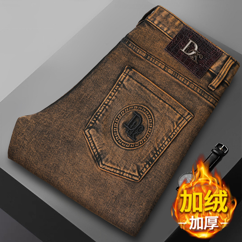 Brown Coffee Slim Fit Fleece-Lined Jeans for Men, High-Quality Stretchy Straight-Leg Jeans, Men's Pants Wholesale