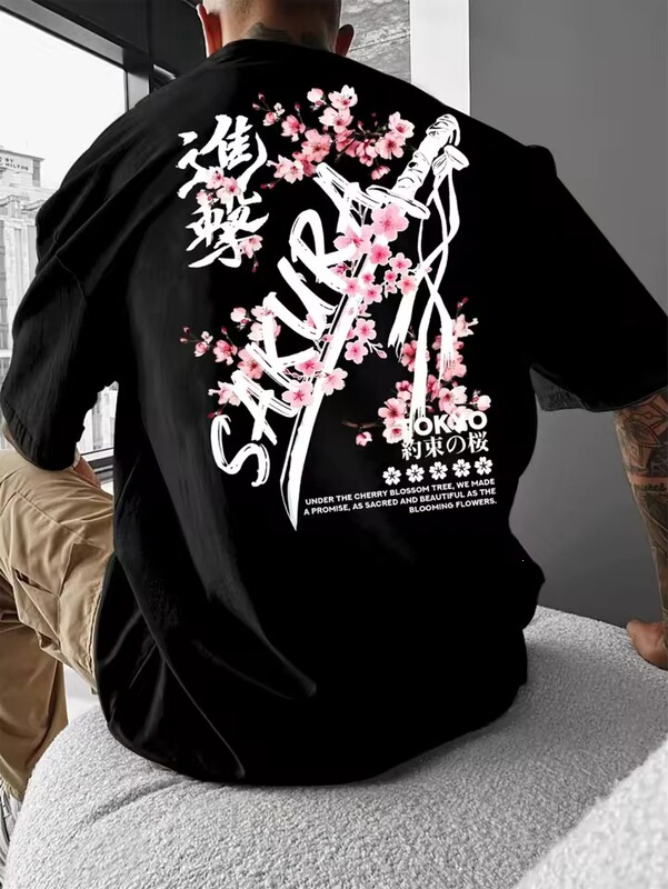Fashionable Men's Summer Personalized Letter and Cherry Blossom Print Soft Breathable Round Neck T-Shirt for Outdoor Festivals and Street Style Cotton