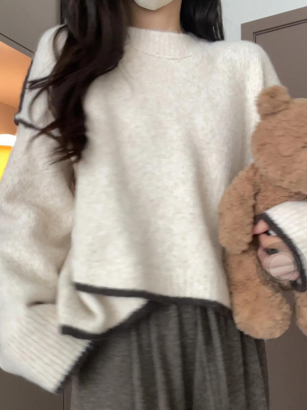 设计感不规则撞色毛衣女新款秋宽松慵懒风软糯高级感套头针织衫|undefined