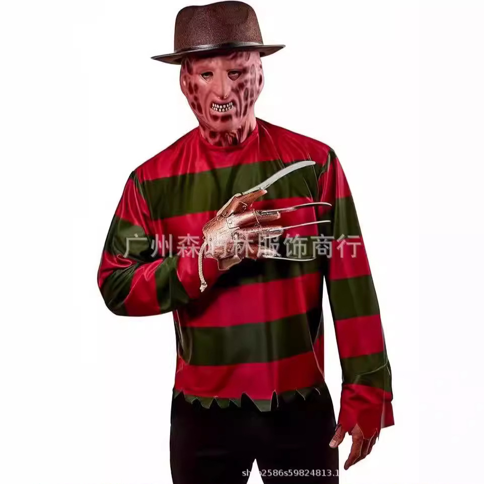 欧美新品男士万圣节表演服装 魔术师红色条纹服装 不规则演出服装