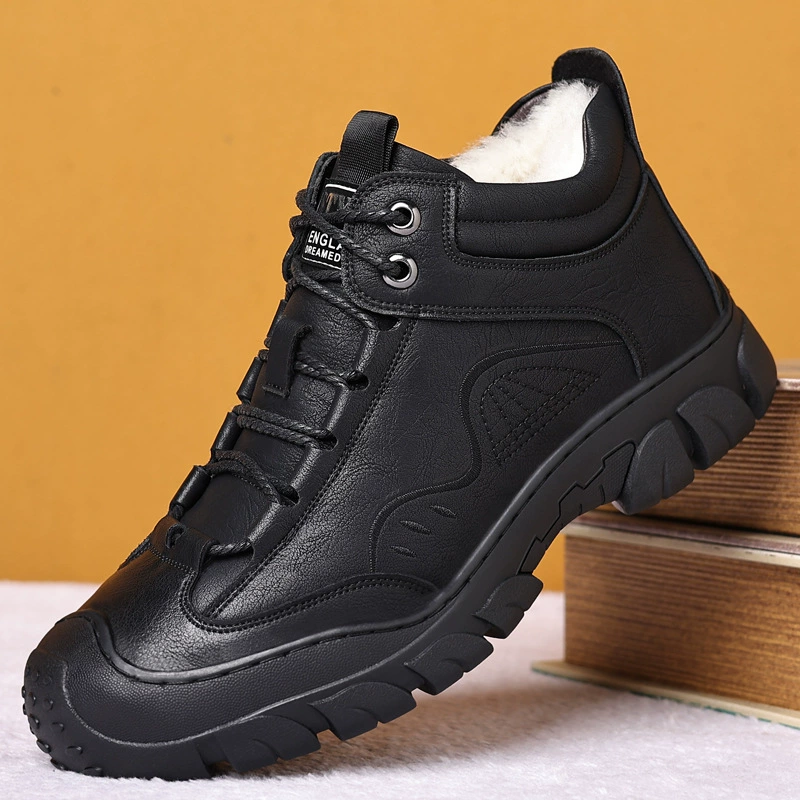 Мужские зимние сапоги, зимняя теплая обувь из утолщенного хлопка на флисовой подкладке, кожаная шерстяная Нескользящая хлопковая кожаная обувь для папы среднего возраста
