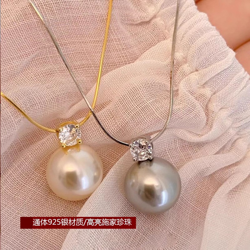 s925純銀戴妃款單顆正圓施家珍珠項鍊女高級感百搭鎖骨鏈吊墜飾品