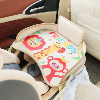 Car table board, Car-Mounted Waterproof Storage Dining Table - leather-style-round-beige-lion-monkey