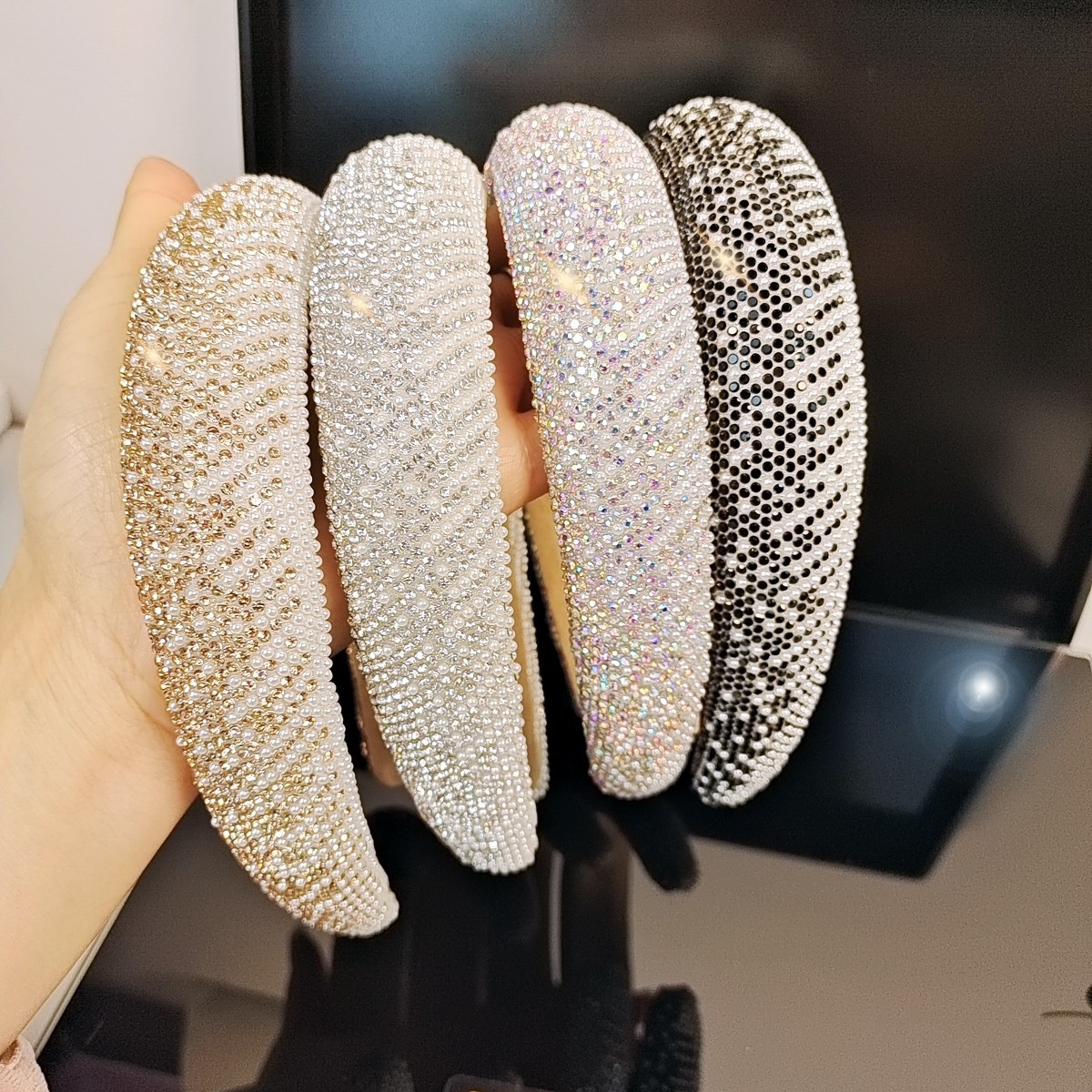 韓國高顱頂珍珠閃亮水鑽寬發箍輕奢風高級感海綿洗臉發卡髮飾批發