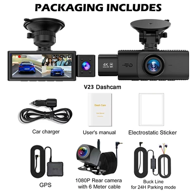 night vision, three-lens WIFI – Driving recorder - 4k-triple-recording-gps-power-reduction-cable