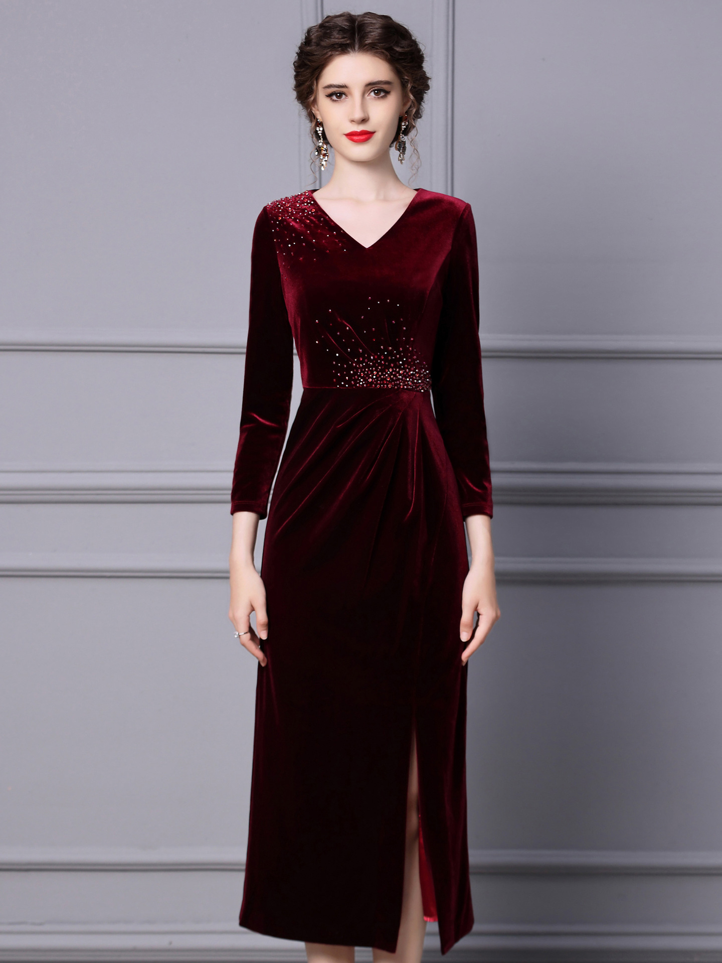 Burgundy velvet autumn long-sleeve