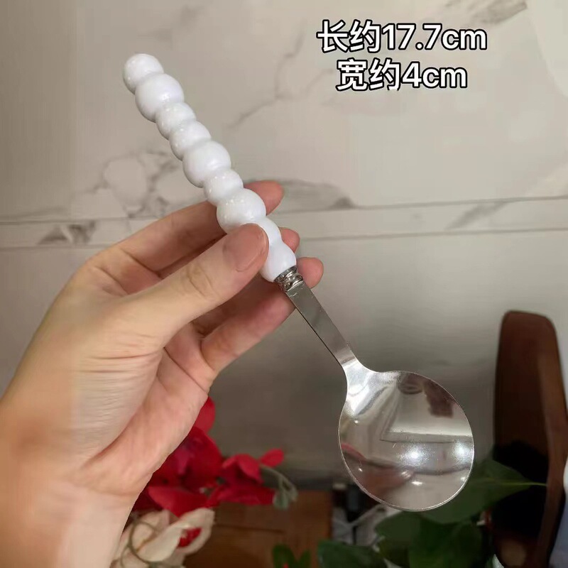 四色珍珠不锈钢勺子陶瓷手柄家用西餐餐勺高颜值少女心圆勺调羹|undefined