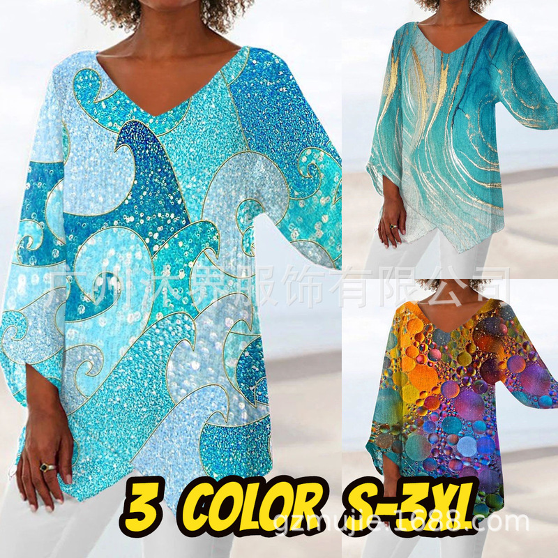 Cross-border 2022 autumn new European and American AliExpress Amazon independent station V-neck three-dimensional printed Women's Mid-sleeved T-shirt