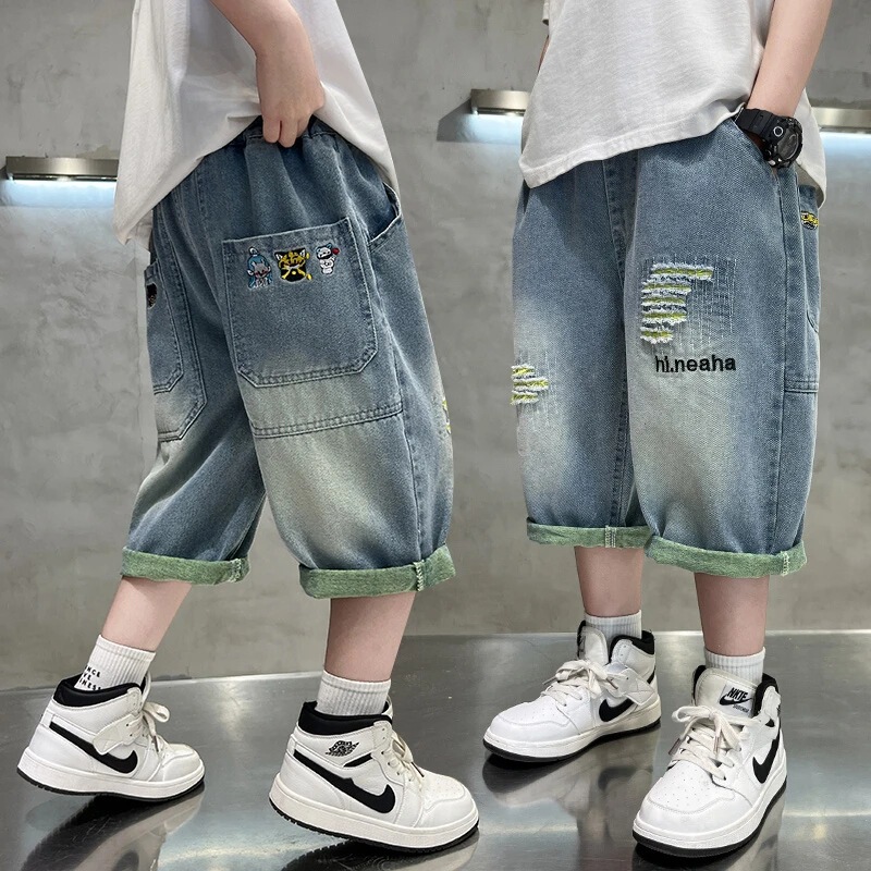 Boys' Thin Pants Summer Children's Denim Shorts Knee-Length Loose Casual New Summer Boys' Mid-Length Pants Trendy