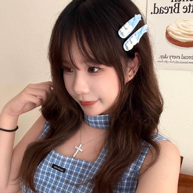 奶蓝色格纹小兔发夹少女甜美刘海夹边夹儿童碎发夹可爱鸭嘴夹发饰|undefined