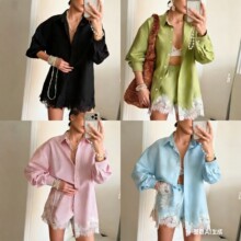 SS7051欧美风蕾丝拼接衬衫短裤套装夏季防晒透气两件套时尚休闲女